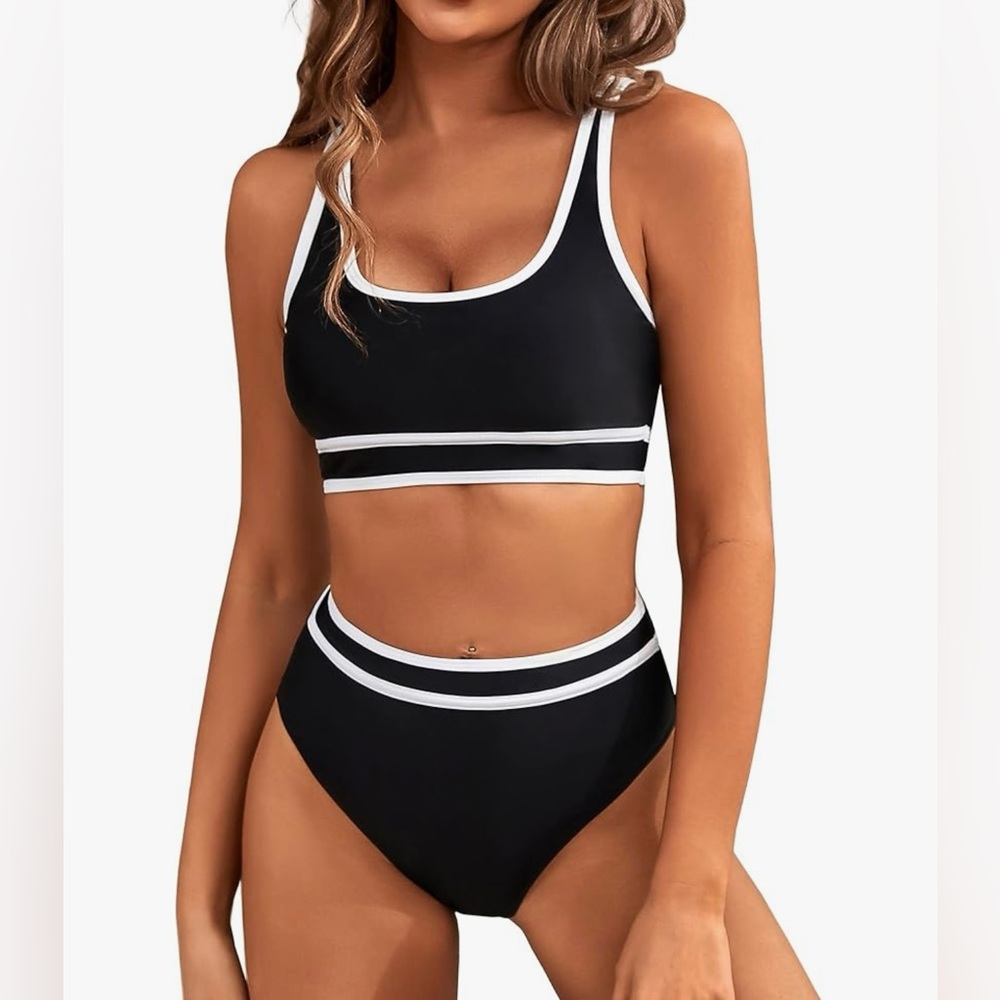 High Waisted Bikini Sets Sporty Two Piece Swimsuits Color Block Cheeky High Cut